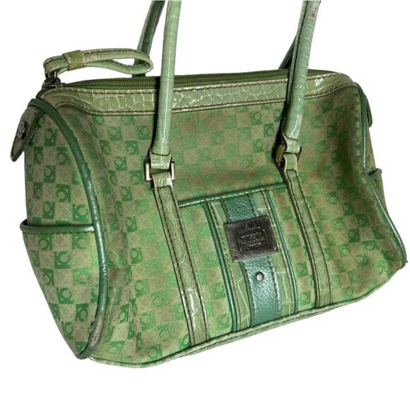 Vintage 80’s Liz Claiborne Small Green Purse Shoulder Handbag Monogram Print - Picture 2 of 15